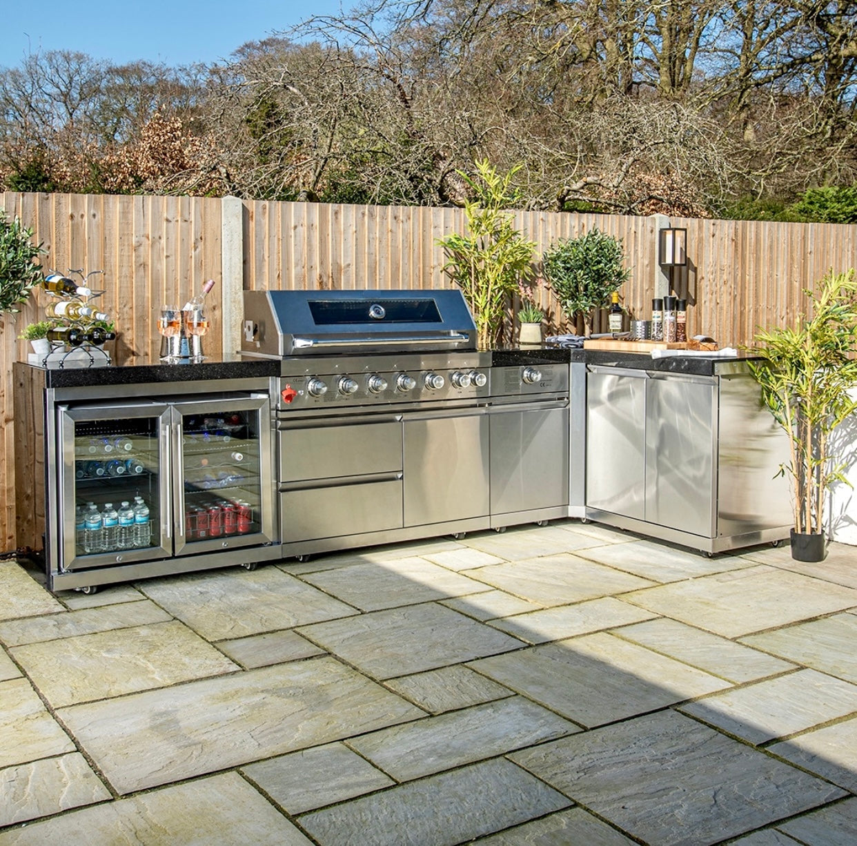 Pinnacle 805 Stainless Steel BBQ Grill Island with 90 Degree Corner & Double Fridge