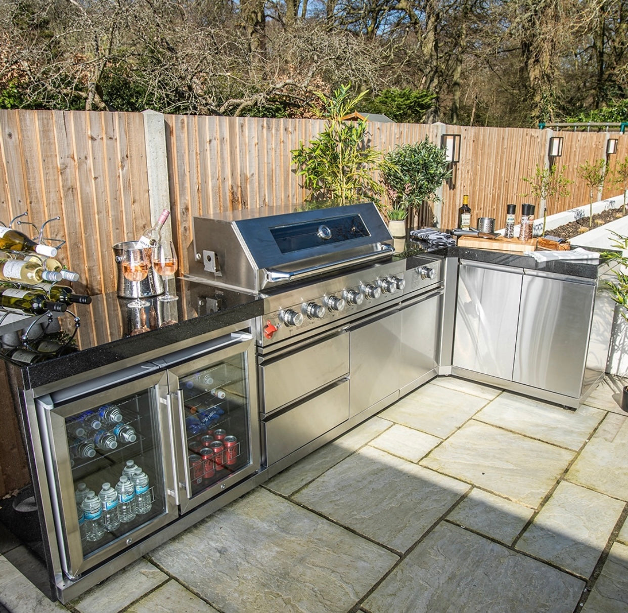 Pinnacle 805 Stainless Steel BBQ Grill Island with 90 Degree Corner & Double Fridge