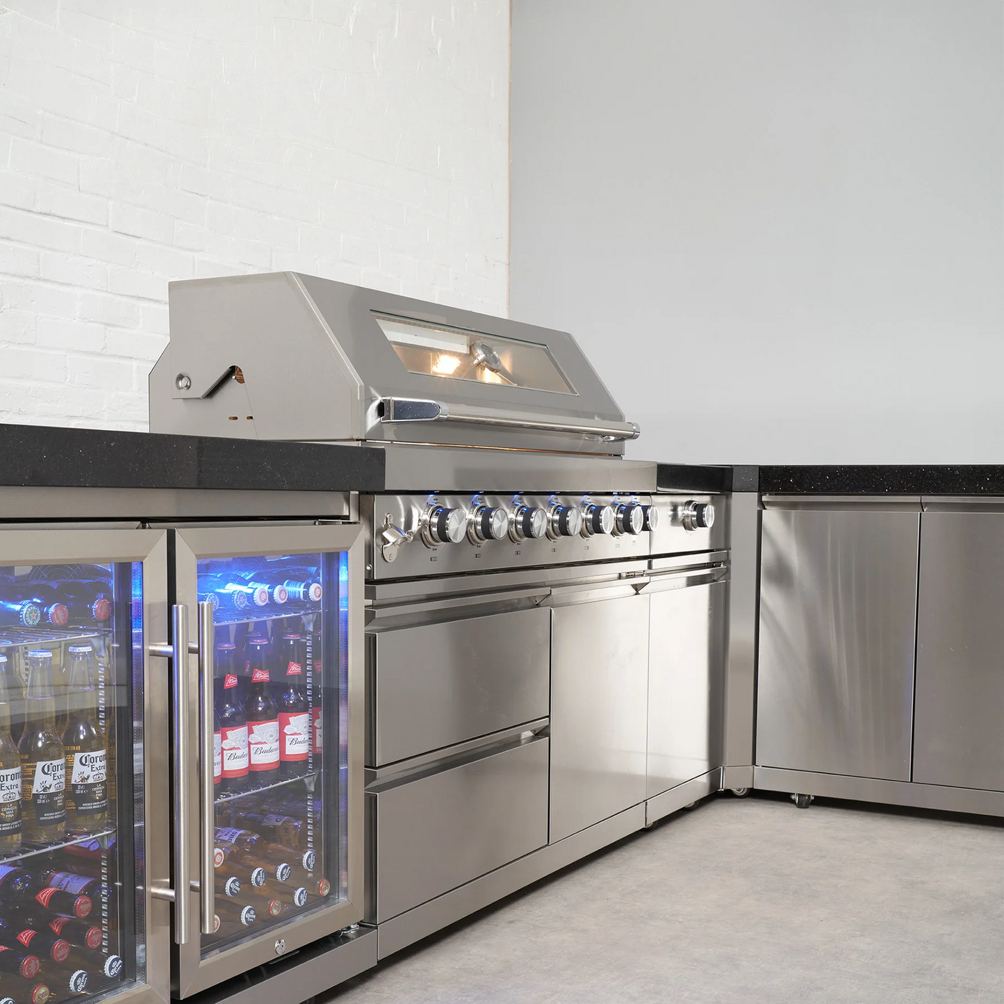 Pinnacle 805 Stainless Steel BBQ Grill Island with 90 Degree Corner & Double Fridge