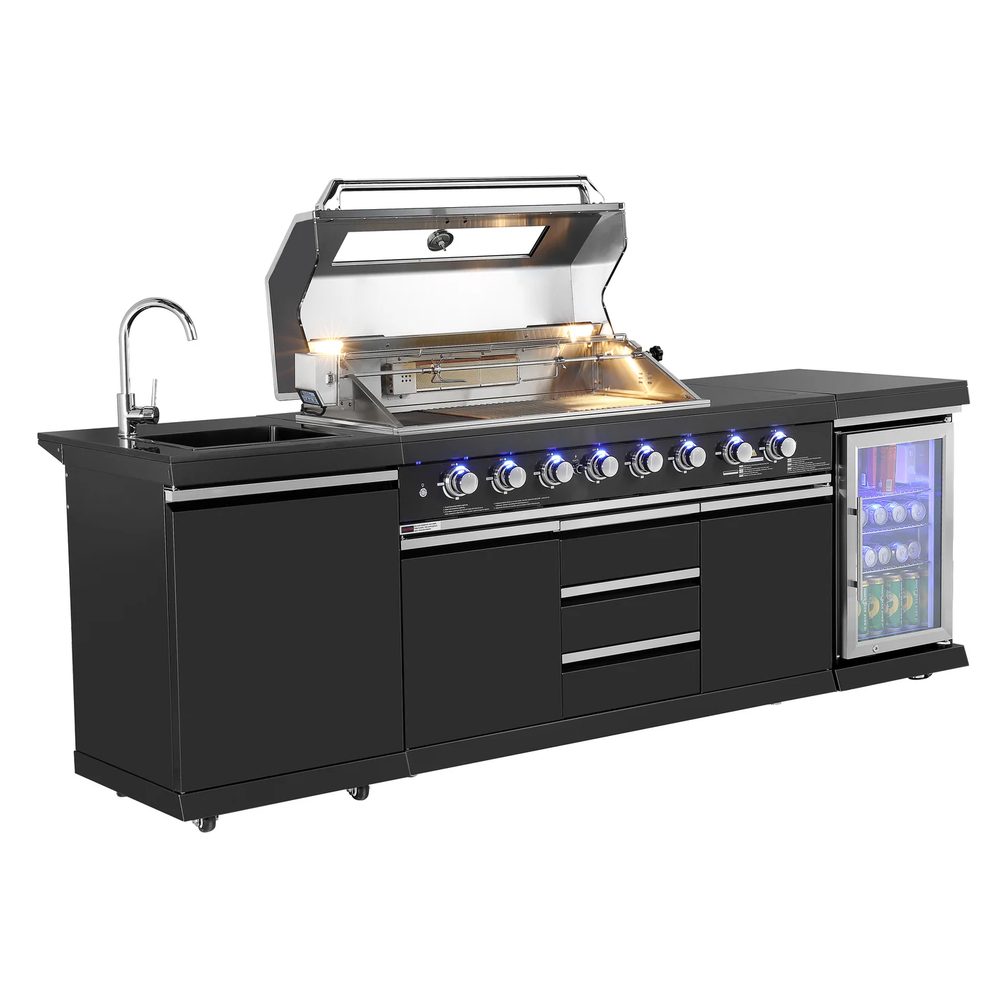 Pinnacle 805 Black Stainless Steel BBQ Grill Island with Fridge